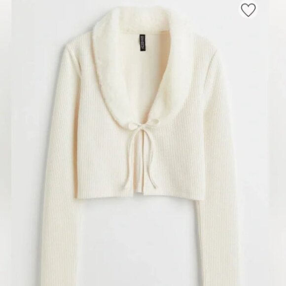 H&M Cream Ribbed Knit Tie Front Cropped Fur Collar Cardigan Size S NWT - Picture 1 of 1